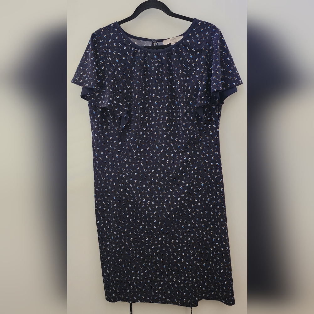 LOFT Shift Dress Womens 16 Flutter Sleeve Floral Abstract Navy Blue Midi‎ Ties